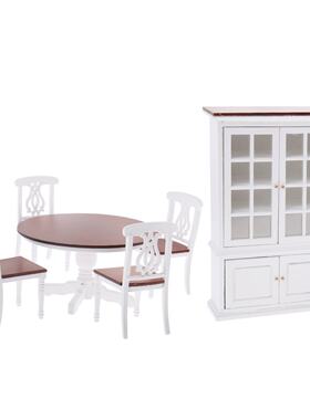 1:12娃娃屋dollhouse迷你家具模型餐厅场景 白色餐桌椅套装餐边柜