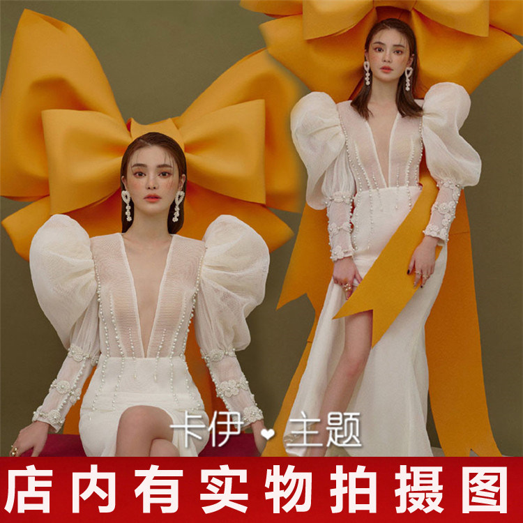 2021新款影楼主题服装摄影婚纱内景高定拍照收腰鱼尾珍珠长袖礼服