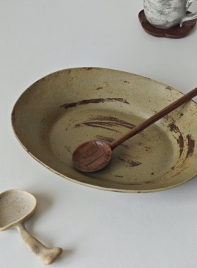 诺裔家 日式器 井山制陶侘寂枯山水风格山鸠色粉引大深盘咖喱饭盘