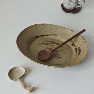 诺裔家 日式器 井山制陶侘寂枯山水风格山鸠色粉引大深盘咖喱饭盘