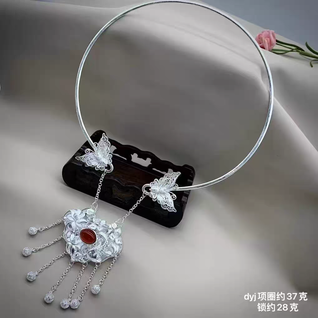 原创麒麟长命锁古风汉服贾宝玉纯银项圈如意平安锁明制璎珞