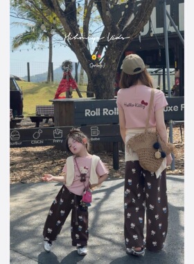 2026春夏新款美式卡通风Hello Kitty印花阔腿时尚休闲裤BKZ213