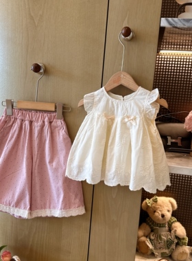 诗意～品牌定制女童夏季新品飞袖刺绣娃娃衫八分阔腿裤套装ATZ693