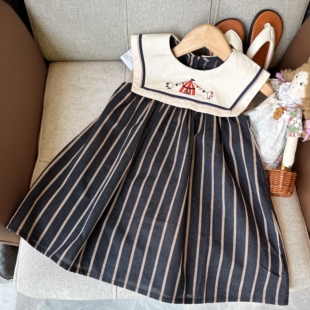 HHkids女童公主裙连衣裙复古夏季条纹海军领刺绣无袖背心裙AQZ180