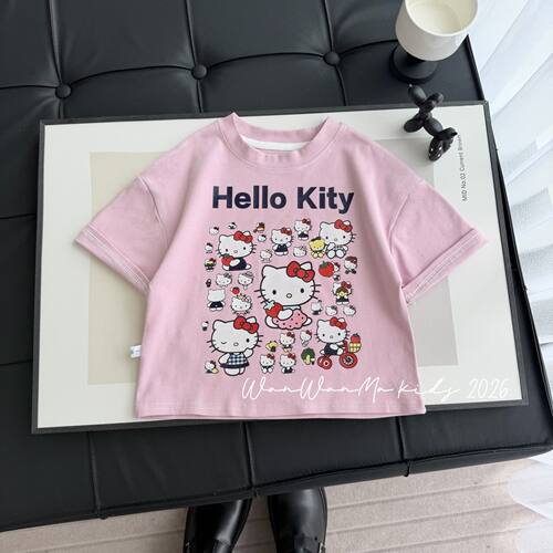 【夏季新品】2026夏季t恤女童粉色KT短袖韩版洋气甜美短袖DDT271