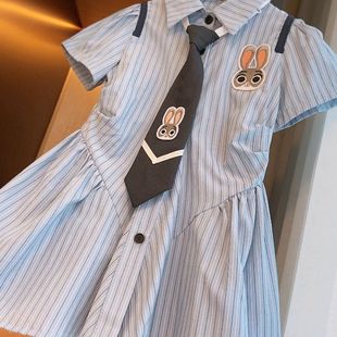 HHkids女童学院风连衣裙2024夏季 新款 气质小兔刺绣裙子AQZ501