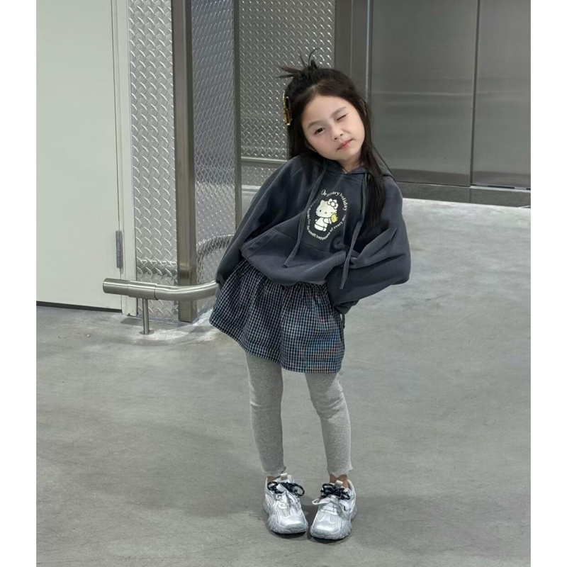 HHkids女童新款卡通印花连帽卫衣百搭格子屁帘打底裤二件套CTZ031
