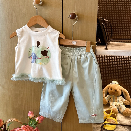HHkids女童拼接背心花边套装2026款小清新洋气阔腿裤两件套ATZ630