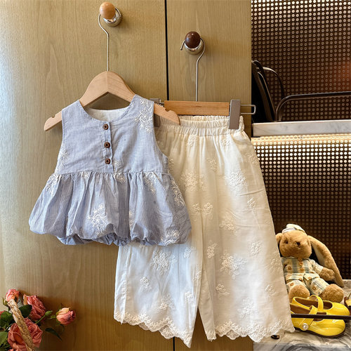 HHkids女童甜美风花边背心阔腿裤无袖娃娃衫夏新款洋气韩版DTZ299