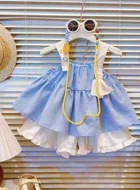HHkids2026新款韩版洋气小花扣提花吊带上衣森系短裤套装HTZ296
