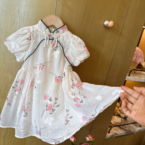 HHkids儿童改良国风旗袍裙女宝宝夏季刺绣印花泡泡袖连衣裙CQZ534