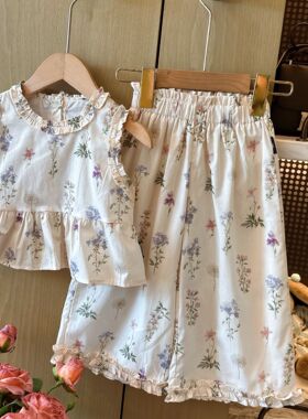 HHkids2026木耳花边设计感女童韩版清新碎花背心阔腿裤套装CTZ559