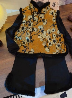HHkids女童加绒加厚新款女宝宝新中式国风背心马甲长裤套装FTZ239