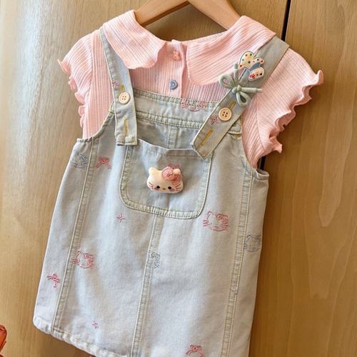 HHkids【送两个价值15小发夹】甜美刺绣牛仔连衣裙T恤套装ATZ152