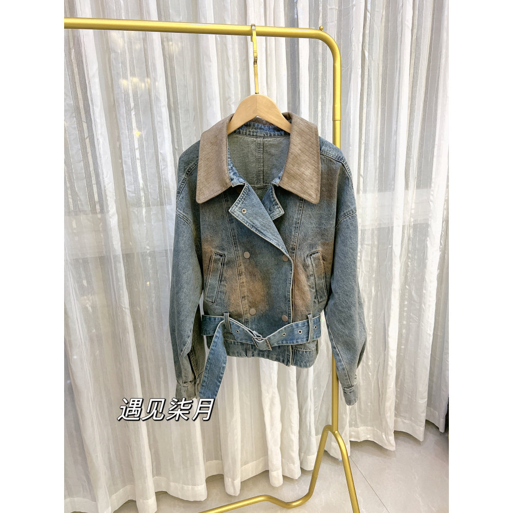 遇见柒月 欧货春款复古编织领双排扣时尚显瘦腰带短款牛仔服外套