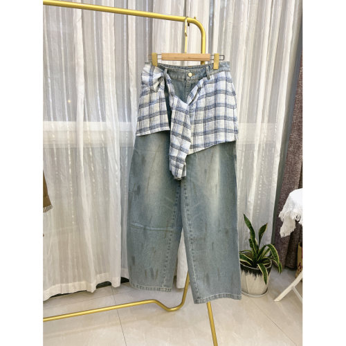 遇见柒月 春夏款UF设计感格子屁帘拼接假两件阔腿牛仔裤直筒女