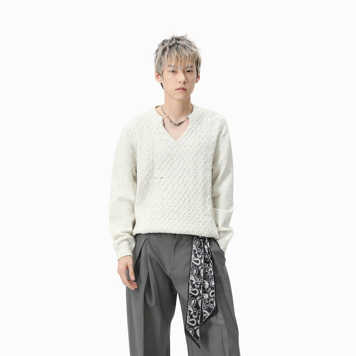 AKDAD复古男老钱风春季短款V领通勤麻花慵懒宽松套头针织毛衣休闲