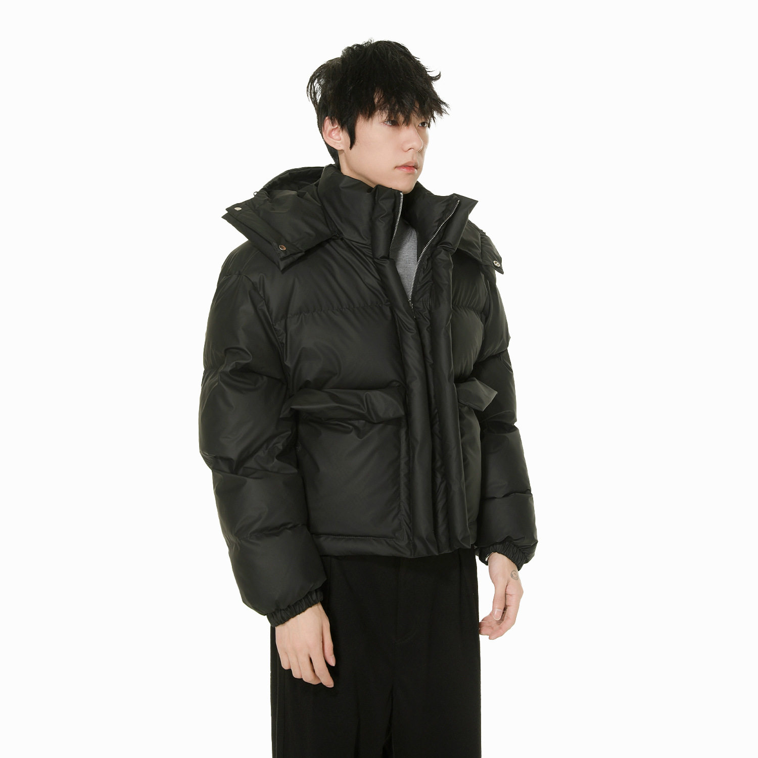 AKDAD韩版纯色棉衣PU皮立领加厚外套短款连帽个性休闲面包棉服男