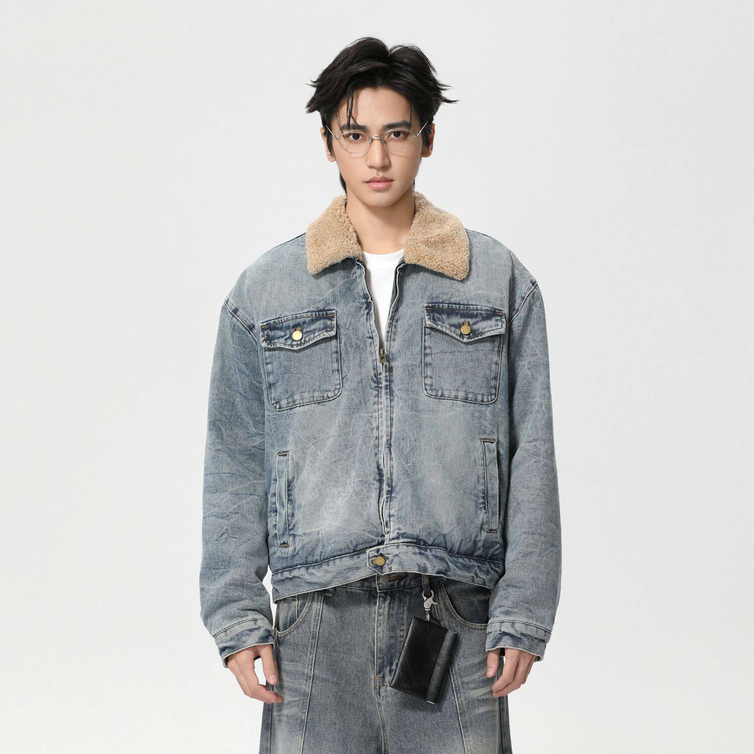 AKDAD韩版男拼接翻领仿羊羔毛棉服冬款保暖水洗牛仔夹克外套休闲