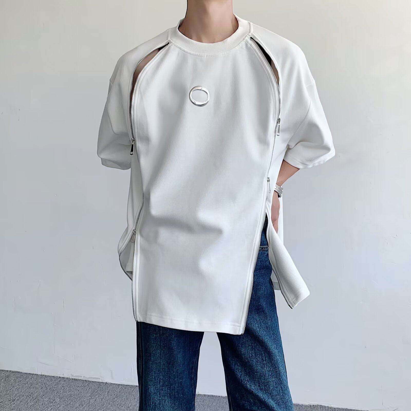 틈새 디자인 더블 지퍼 티셔츠 남성용 반팔 여름 아메리칸 스트리트 하이 엔드 탑 반팔 힙합 개성 INS