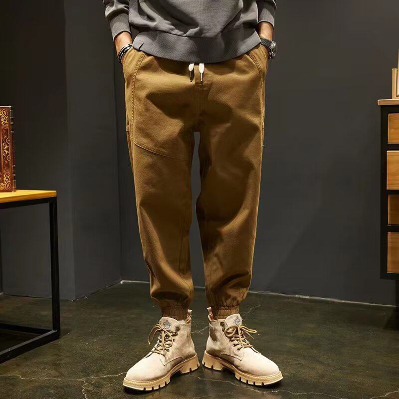 트렌디 브랜드 다리 잠금 작업복 남성 홍콩 스타일 일본식 루즈 코튼 레트로 플러스 사이즈 바지 캐주얼 바지 한국어 버전