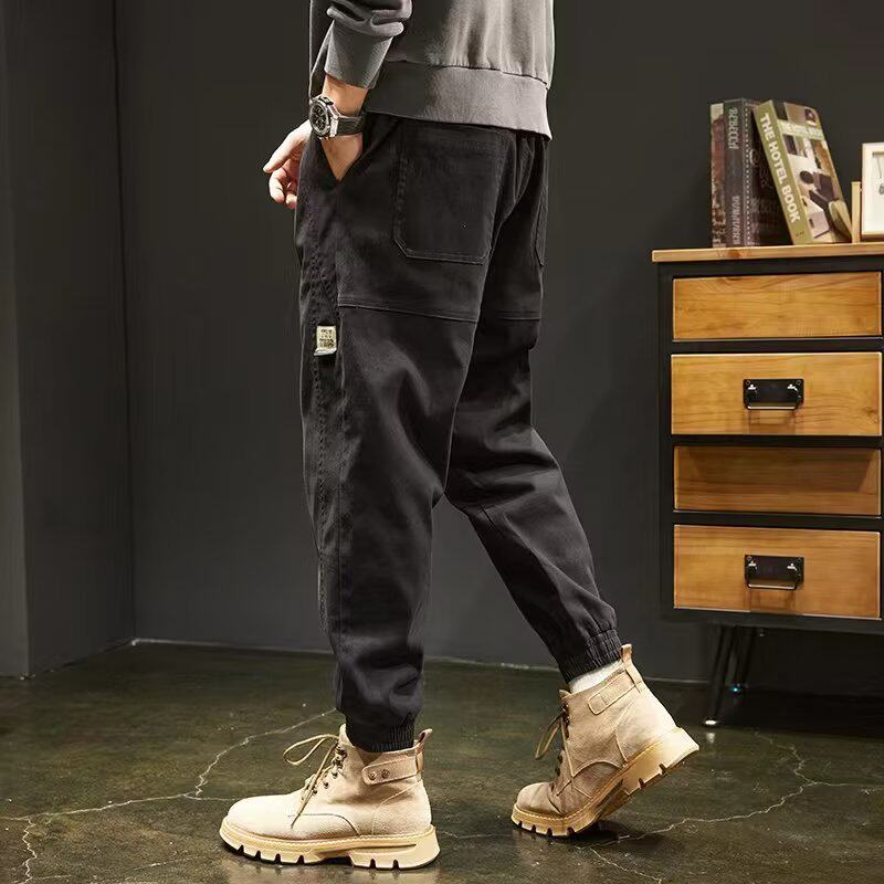 트렌디 브랜드 다리 잠금 작업복 남성 홍콩 스타일 일본식 루즈 코튼 레트로 플러스 사이즈 바지 캐주얼 바지 한국어 버전