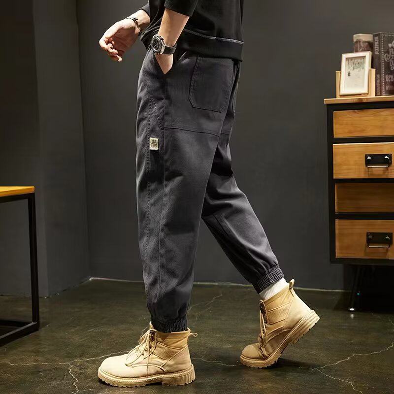 트렌디 브랜드 다리 잠금 작업복 남성 홍콩 스타일 일본식 루즈 코튼 레트로 플러스 사이즈 바지 캐주얼 바지 한국어 버전