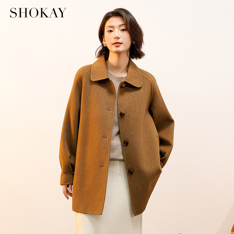 SHOKAY绣嘉【100%牦牛绒】双面呢大衣翻领女中长款宽松毛呢外套