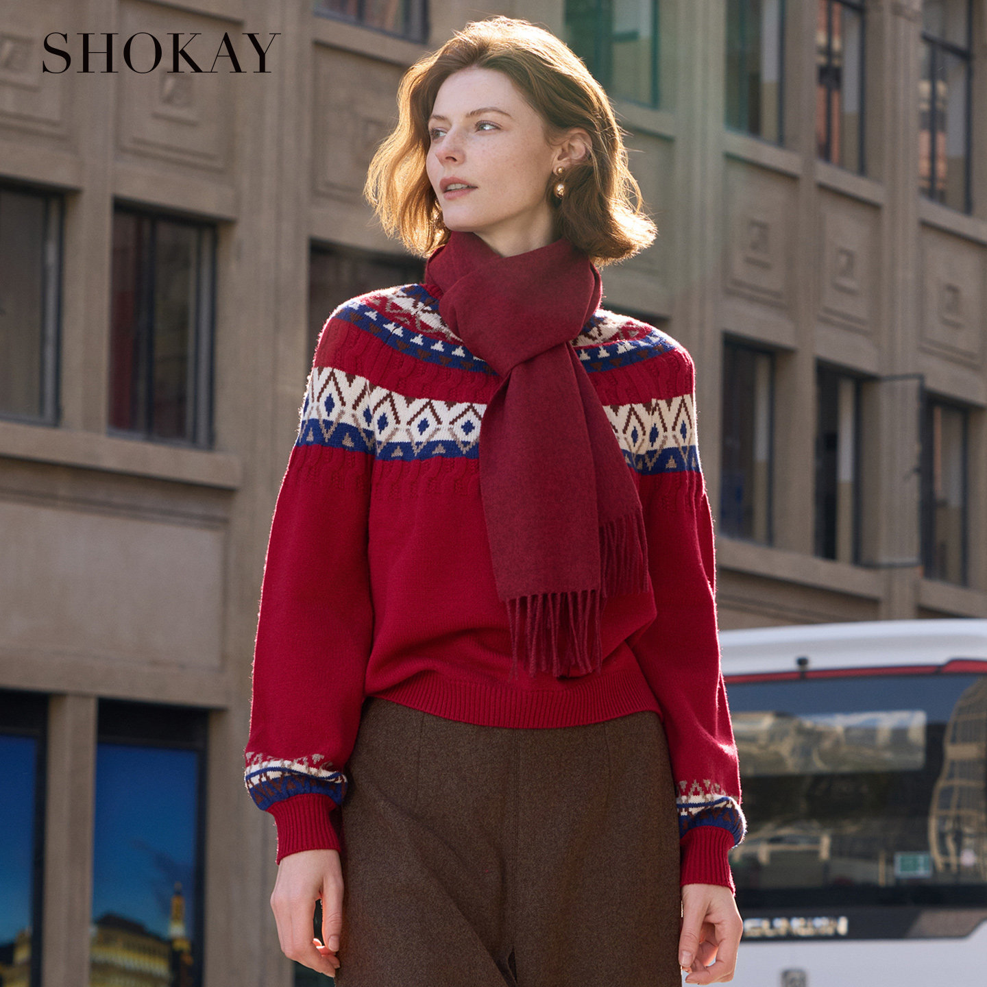 SHOKAY绣嘉【TA山藏语】藏式提花圆领套衫女士牦牛绒毛衣时尚复古