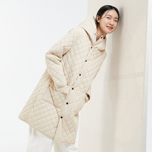 SHOKAY中长款菱形格连帽棉服外套