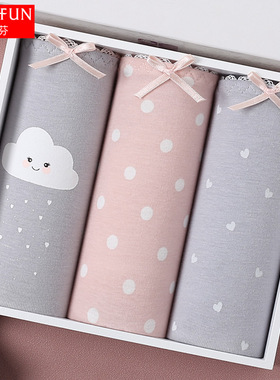 3条 蝶安芬女士内裤纯棉灰色短裤头印花性感中腰大码女式三角裤衩