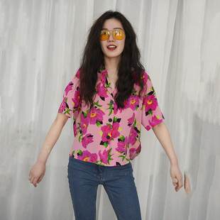 衬衣真丝古巴领宽松70s年代vintage 短袖 Rj法式 小众碎花复古花衬衫