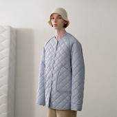 Ryanj韩国小众设计oversize菱格棉服男女同款 男友风宽松克莱因蓝