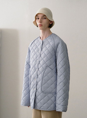 Ryanj韩国小众设计oversize菱格棉服男女同款男友风宽松克莱因蓝