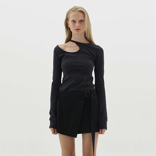 T挖肩锁骨打底破洞T恤弹力 韩国小众设计感T恤长袖 挖肩打底衫