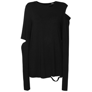 英国小众设计师肩膀破洞打底衫 T恤暗黑英伦摇滚嬉皮条纹机能 长袖