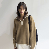 首尔小众设计 韩国翻领毛衣羊毛撞色毛衣polo领驼色落肩大V领