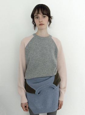 【松弛少女感】 韩国小众设计感羊毛衫插肩毛衣粉色灰色圆领毛衣