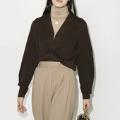 Ryanj韩国小众设计感毛衣外套羊毛开衫 坑条V领短款 小个子棕色黑色