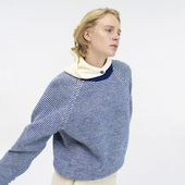 首尔小众设计感条纹毛衣插肩蓝色羊毛套头衫 条纹毛衣集邮 撞色