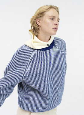 【条纹毛衣集邮】首尔小众设计感条纹毛衣插肩蓝色羊毛套头衫撞色