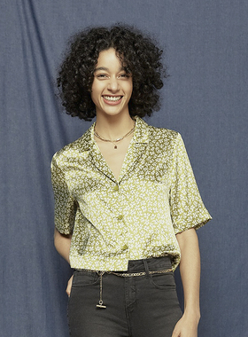 【复古南美风】小碎花衬衫短袖polo领衬衫美式小众设计感草绿色