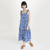 美式 一眼入夏 小众设计感吊带裙蓝白碎花露背裹胸连衣裙芙蓉花
