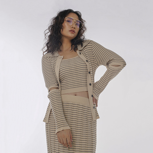 半裙三件套翻领毛衣通勤套装 Rynaj小众设计感开衫 破洞条纹针织衫