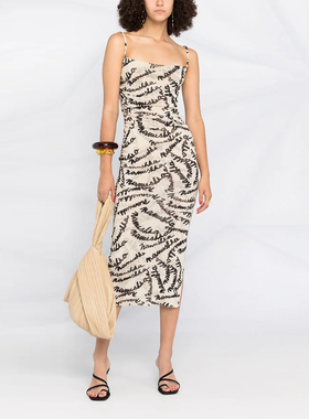 Ryanj小众设计感连衣裙复古英文字母吊带裙褶皱荡领连衣裙辣妹风