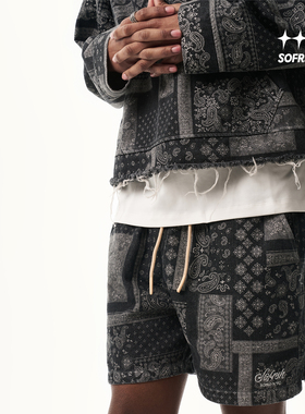 SOFRSH牛仔短裤男美式复古潮流水洗做旧五分裤宽松腰果花休闲裤