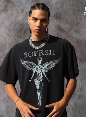 SOFRSH美式复古纯棉短袖T恤男士短袖t恤新款天使印花重磅上衣