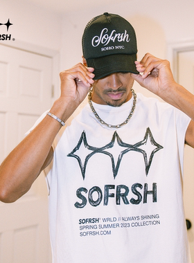 SOFRSH无袖t恤男款背心夏季潮流美式坎肩圆领宽松砍袖t恤高街运动