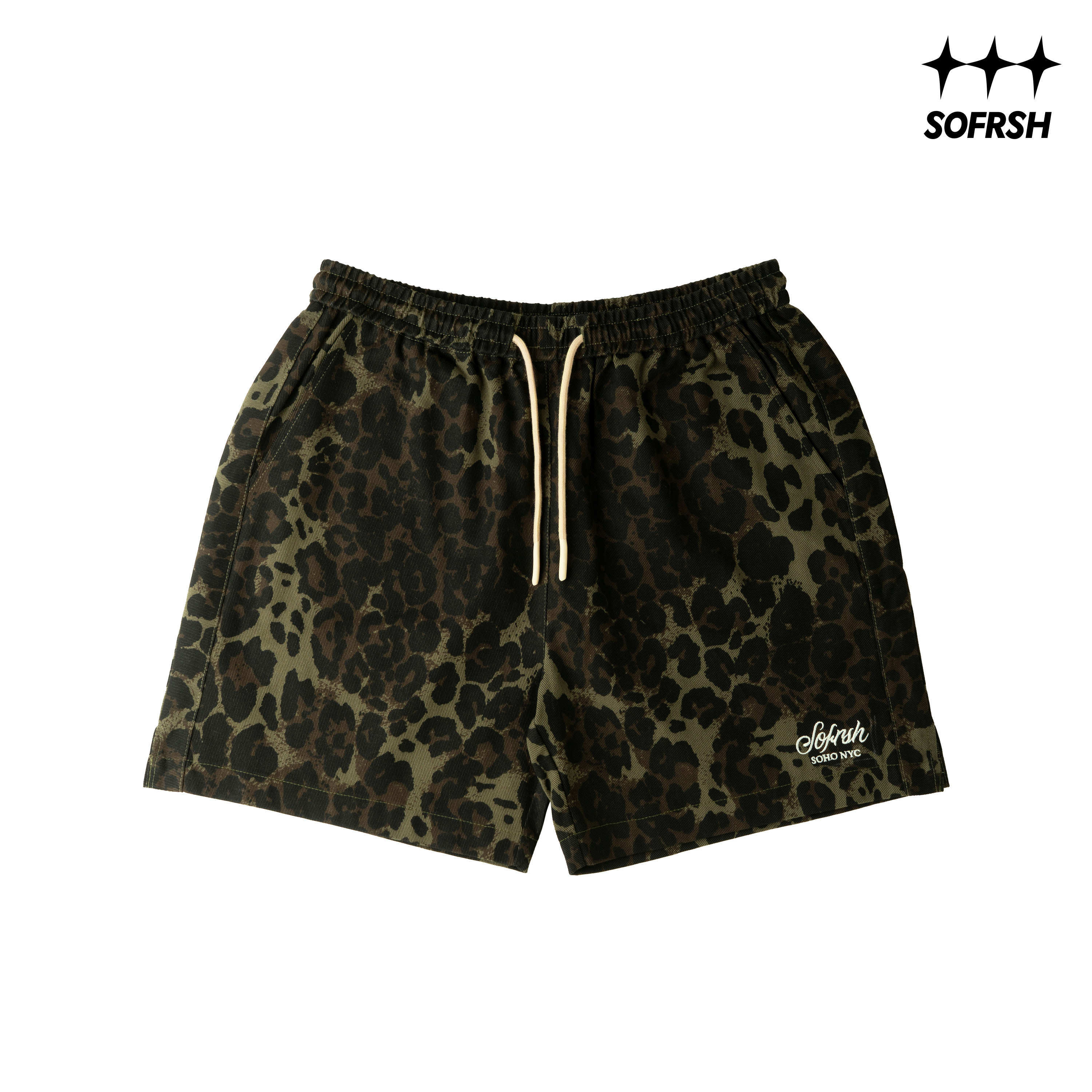 SOFRSH豹纹迷彩牛仔短裤男美式潮流水洗宽松五分休闲裤夏2026新款