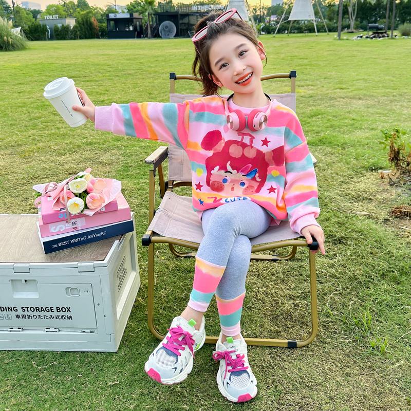 女童春秋季套装彩条卫衣两件套